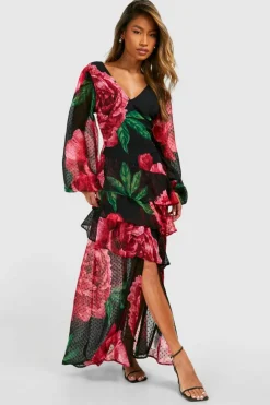 Maxi Dresses|Long Sleeve Dresses*boohoo Floral Dobby Floral Frill Maxi Dress black