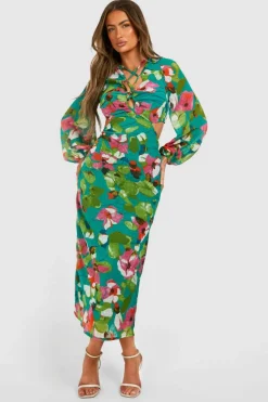 Smock Dresses*boohoo Floral Dobby Ruffle Mini Dress green