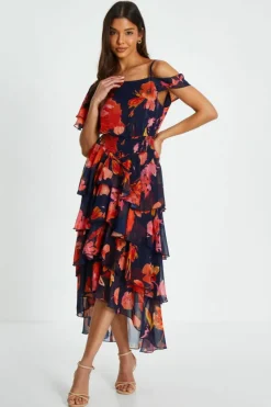 Midi Dresses*Quiz Floral Drop Shoulder Tiered Midi Dress Navy