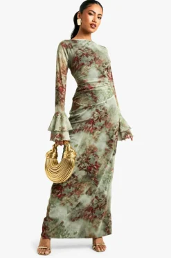 Maxi Dresses*boohoo Floral Flare Sleeve Backless Mesh Maxi Dress brown