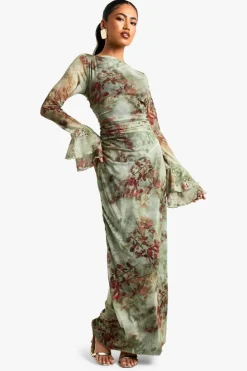 Maxi Dresses*boohoo Floral Flare Sleeve Backless Mesh Maxi Dress brown