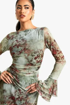Maxi Dresses*boohoo Floral Flare Sleeve Backless Mesh Maxi Dress brown