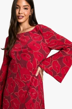 Maxi Dresses|Long Sleeve Dresses*boohoo Floral Flare Sleeve Maxi Dress wine