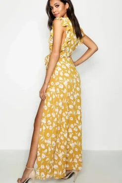 Wrap Dresses*boohoo Floral Frill Detail Wrap Maxi Dress ivory