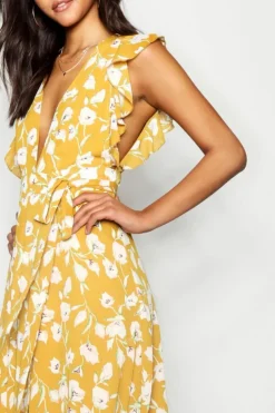 Wrap Dresses*boohoo Floral Frill Detail Wrap Maxi Dress ivory