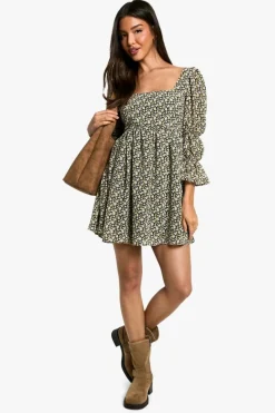 Skater Dresses|Mini Dresses*boohoo Floral Gathered Puff Sleeve Smock Dress black