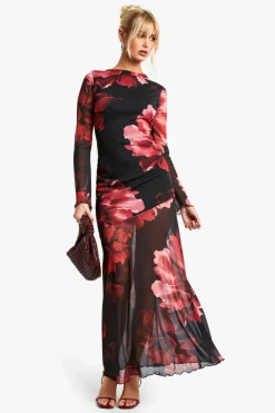 Skater Dresses*boohoo Floral Godet Seam Maxi Dress wine