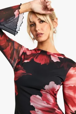 Skater Dresses*boohoo Floral Godet Seam Maxi Dress wine