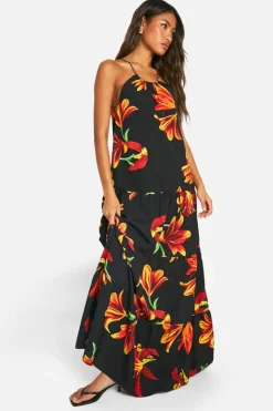 Smock Dresses*boohoo Floral Halterneck Maxi Dress black