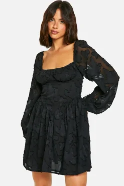 Smock Dresses*boohoo Floral Jacquard Milkmaid Dress black