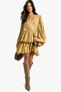 Skater Dresses*boohoo Floral Jacquard Tiered Belted Skater Dress khaki