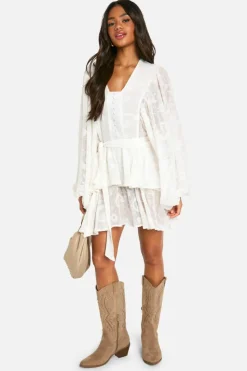 Skater Dresses*boohoo Floral Jacquard Tiered Belted Skater Dress cream