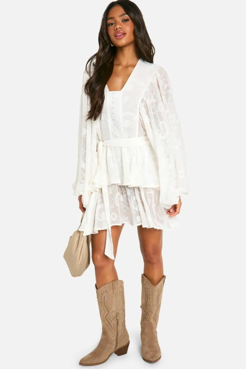 Skater Dresses*boohoo Floral Jacquard Tiered Belted Skater Dress cream