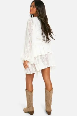 Skater Dresses*boohoo Floral Jacquard Tiered Belted Skater Dress cream