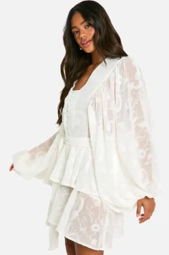 Skater Dresses*boohoo Floral Jacquard Tiered Belted Skater Dress cream