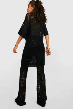 Knitted Co-Ords*boohoo Floral Knit Collared Tunic Top And Wide Leg Trouser Set black