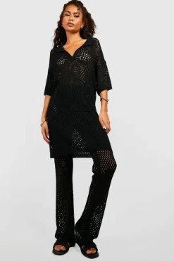 Knitted Co-Ords*boohoo Floral Knit Collared Tunic Top And Wide Leg Trouser Set black