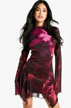 Skater Dresses*boohoo Floral Long Sleeve Godet Mini Dress plum