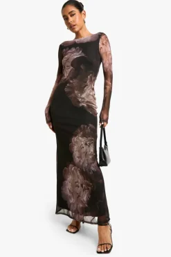 Maxi Dresses*boohoo Floral Long Sleeve Mesh Maxi Dress black