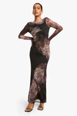 Maxi Dresses*boohoo Floral Long Sleeve Mesh Maxi Dress black