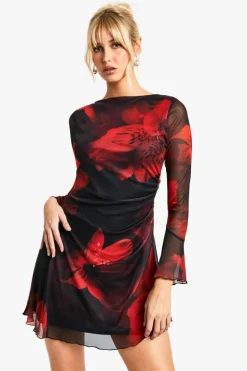 Mini Dresses|Long Sleeve Dresses*boohoo Floral Mesh A Line Mini Dress multi