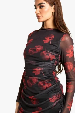 Bodycon Dresses*boohoo Floral Mesh Ruched Mini Dress chocolate