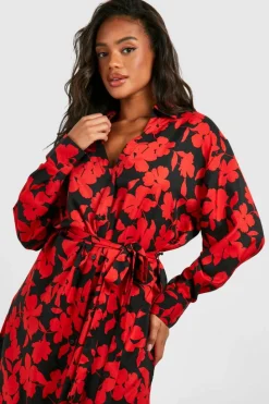 Shirt Dresses*boohoo Floral Midaxi Shirt Dress red