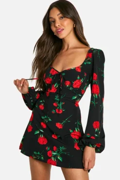 Mini Dresses|Long Sleeve Dresses*boohoo Floral Milkmaid Mini Dress black