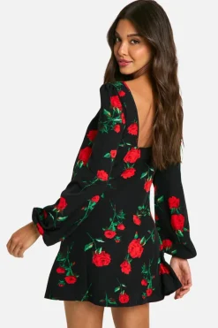 Mini Dresses|Long Sleeve Dresses*boohoo Floral Milkmaid Mini Dress black