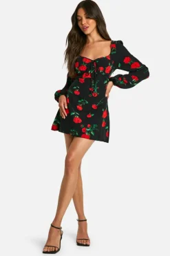 Mini Dresses|Long Sleeve Dresses*boohoo Floral Milkmaid Mini Dress black