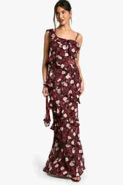Maxi Dresses|Dresses*boohoo Floral One Shoulder Ruffle Maxi Dress merlot