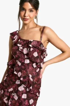 Maxi Dresses|Dresses*boohoo Floral One Shoulder Ruffle Maxi Dress merlot
