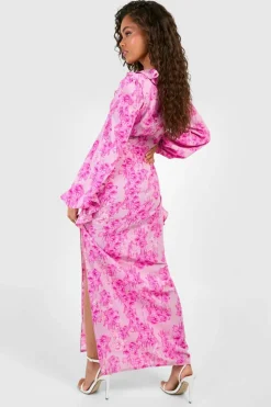 Skater Dresses|Maxi Dresses*boohoo Floral Plunge Ruffle Maxi Dress pink