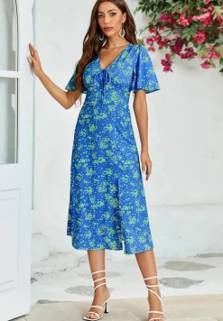 Midi Dresses*FS Collection Floral Print Angel Sleeve Midi Dress Blue