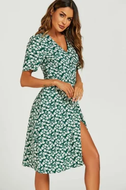 Midi Dresses*FS Collection Floral Print Button Tea Midi Dress In Green