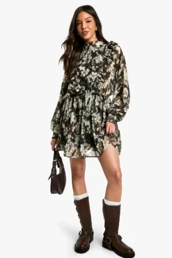 Skater Dresses*boohoo Print Chiffon Long Sleeve Mini Dress floral