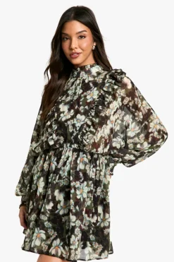 Skater Dresses*boohoo Print Chiffon Long Sleeve Mini Dress floral