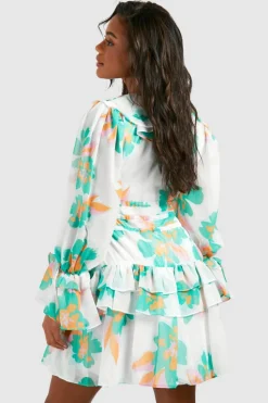 Skater Dresses*boohoo Floral Print Chiffon Ruffle Smock Dress white