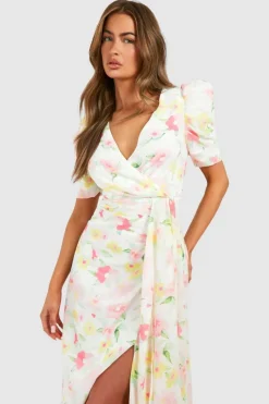 Maxi Dresses*boohoo Floral Print Drape Detail Maxi Dress white