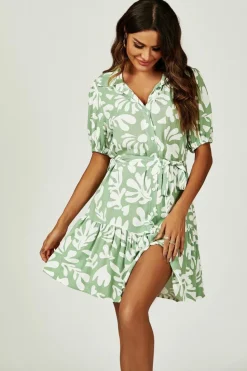 Shirt Dresses*FS Collection Floral Print Hem Tiered Shirt Mini Dress In Green