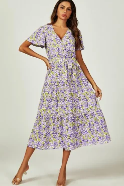 Wrap Dresses*FS Collection Floral Print Hem Tiered Wrap Midi Dress In Purple