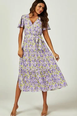 Wrap Dresses*FS Collection Floral Print Hem Tiered Wrap Midi Dress In Purple