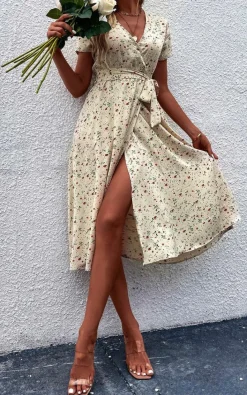 Wrap Dresses|Midi Dresses*FS Collection Floral Print High Waist Wrap Midi Dress In Beige