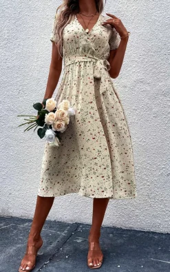 Wrap Dresses|Midi Dresses*FS Collection Floral Print High Waist Wrap Midi Dress In Beige