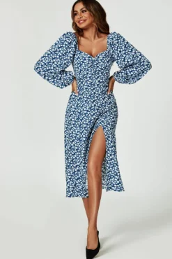 Midi Dresses*FS Collection Floral Print Long Sleeve Heart Neckline Midi Dress In Blue