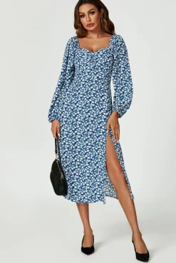Midi Dresses*FS Collection Floral Print Long Sleeve Heart Neckline Midi Dress In Blue