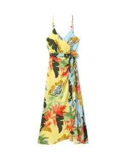 Wrap Dresses*Desigual Floral Print Maxi Dress Wrap Style Yellow