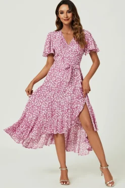 Wrap Dresses*FS Collection Floral Print Midi Wrap Dress In Pink