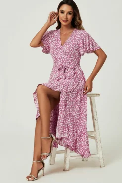 Wrap Dresses*FS Collection Floral Print Midi Wrap Dress In Pink