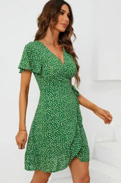 Wrap Dresses*FS Collection Floral Print Mini Wrap Dress In Green